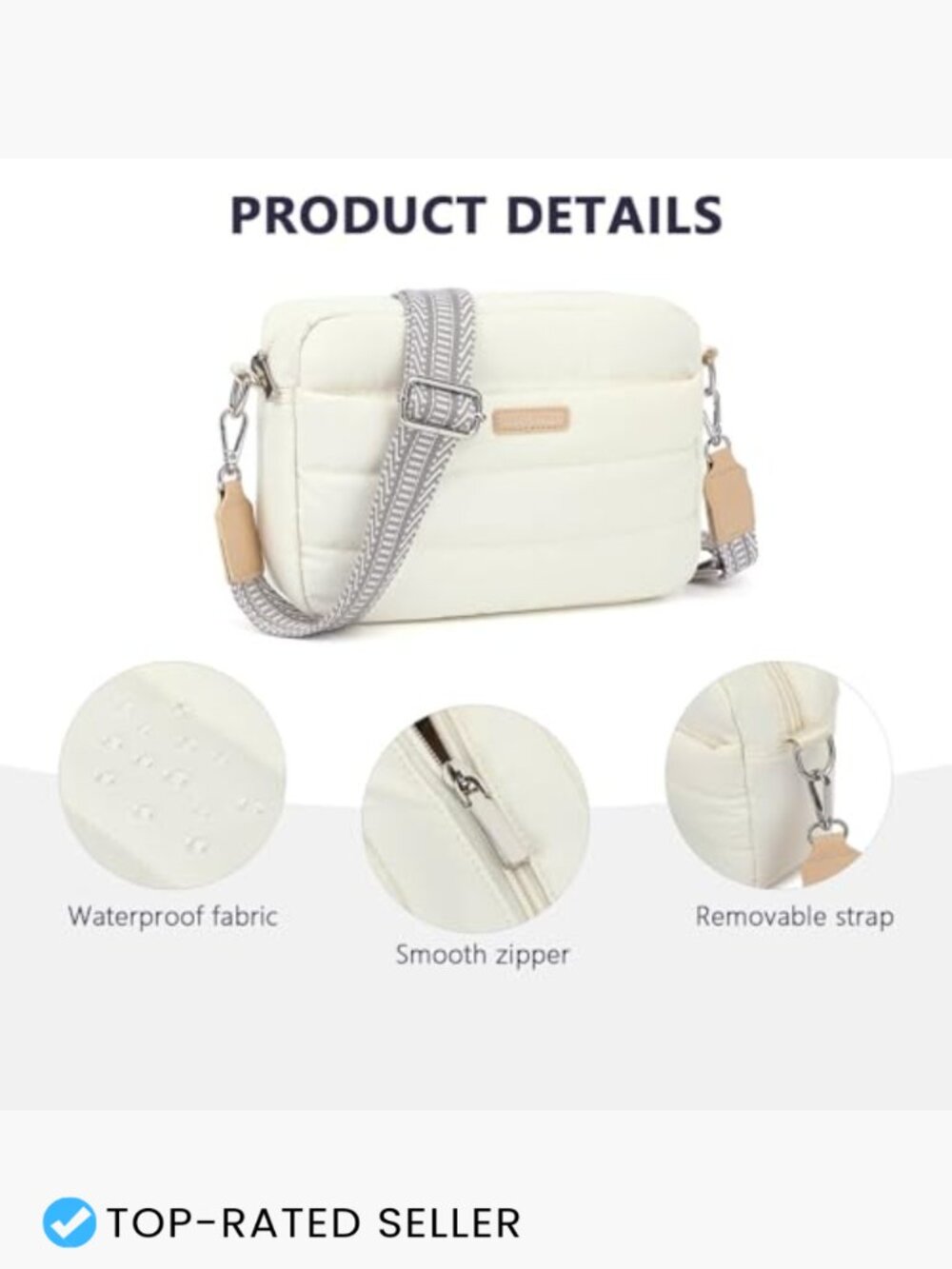 Lightweight Quilted Puffer Crossbody Bag Adjustable Guitar Strap - Picture 5 of 7